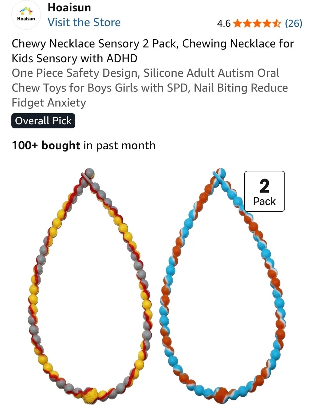 Kids Chewy Sensory Necklace 2-Pack - Yellow/Gray & Blue/Orange